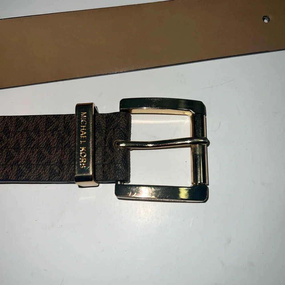 Michael Kors Brown Logo Print Fashion Belt with GoldTone Buckle size M